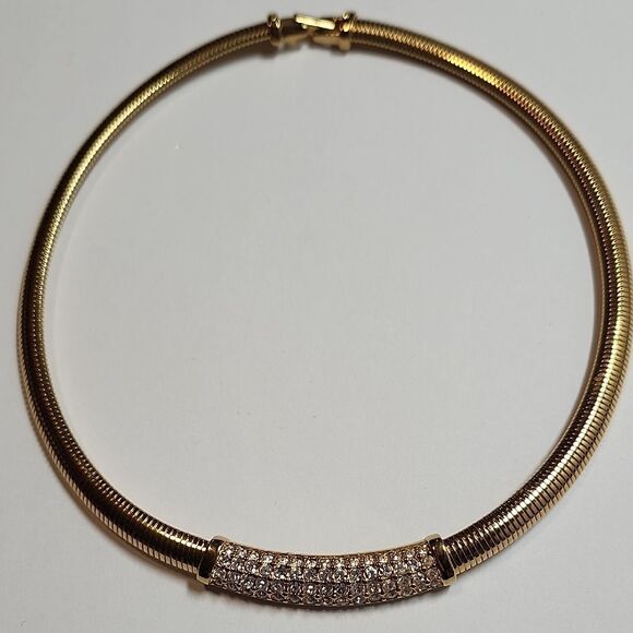Vintage Swarovski Swan Signed Gold Tone Crystal Infinity Choker Necklace Bling